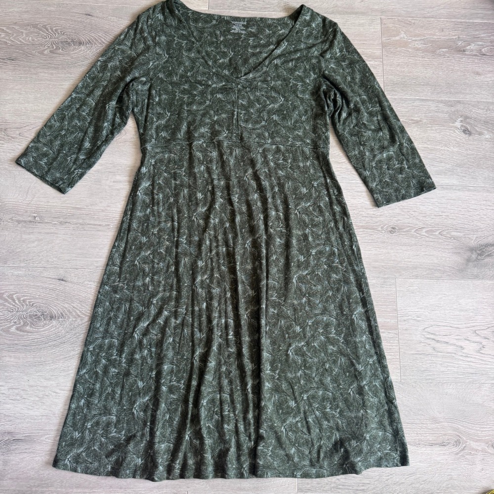 Toad&Co Green Tonal Leaf Print V-Neck A-Line Dress 3/4 Sleeve Large Cotton